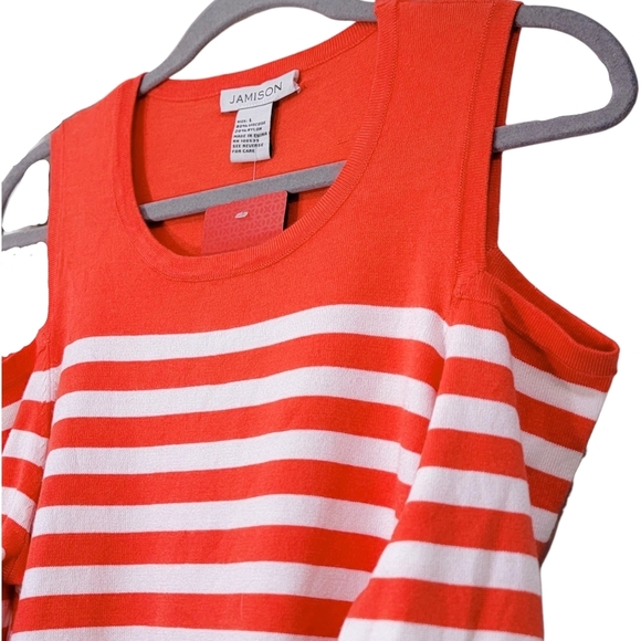 Jamison Evereve NWT Blood Orange White Striped Cold Shoulder Sweater Size Large - Picture 3 of 10